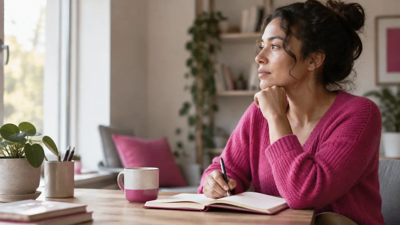 A person reflects on a stressful thought while writing in a journal, illustrating CBT self-observation.