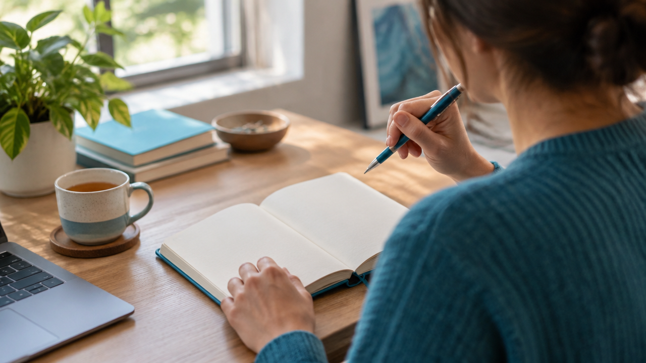 A person reviewing a blank notebook after a decision as part of a reflection practice