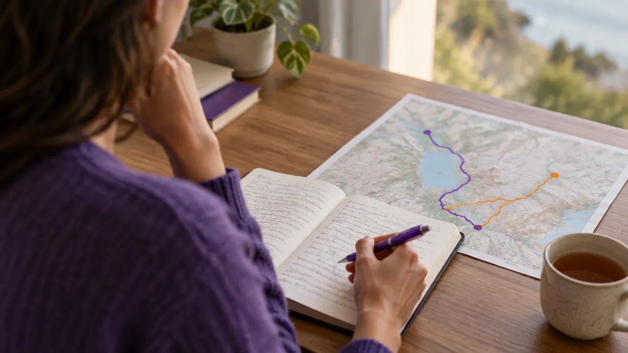 A person reviews a journal and two possible routes before deciding whether to stay the course or change direction.