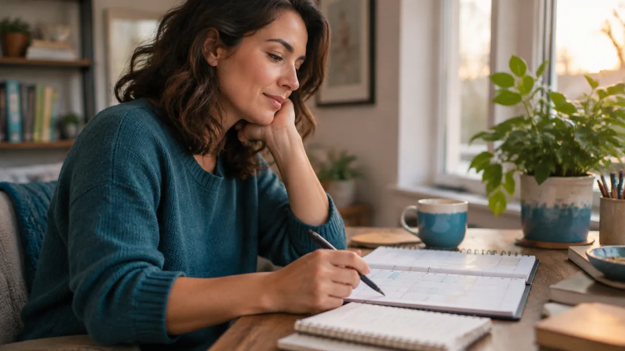 A person reviews a weekly calendar and notebook to reflect on which commitments still fit their priorities.