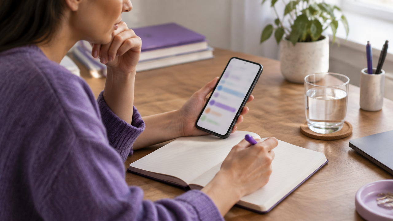 A person reviews phone-use patterns and writes reflections in a notebook at a quiet desk.