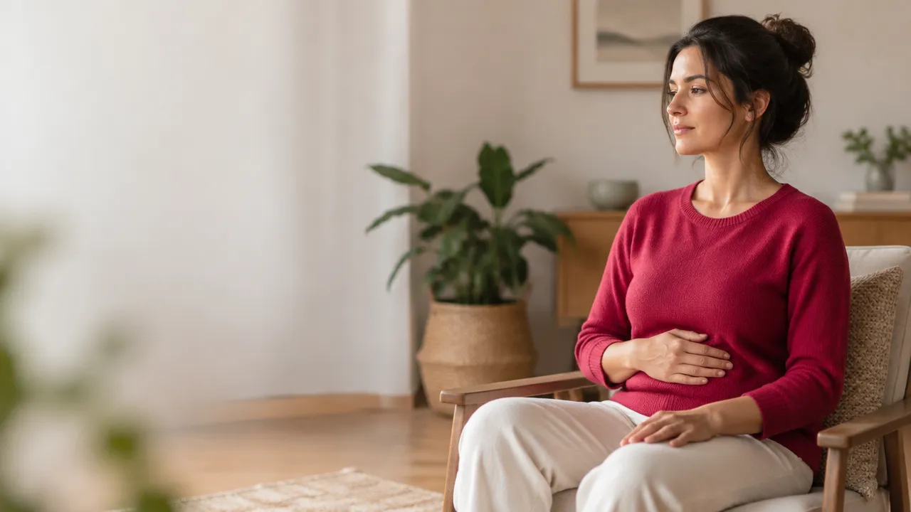 A person seated calmly and noticing the natural rhythm of their breathing in a quiet room