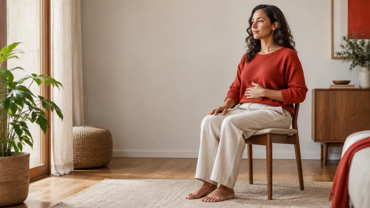 A person seated calmly at home, noticing a gentle breath with one hand resting on the ribs