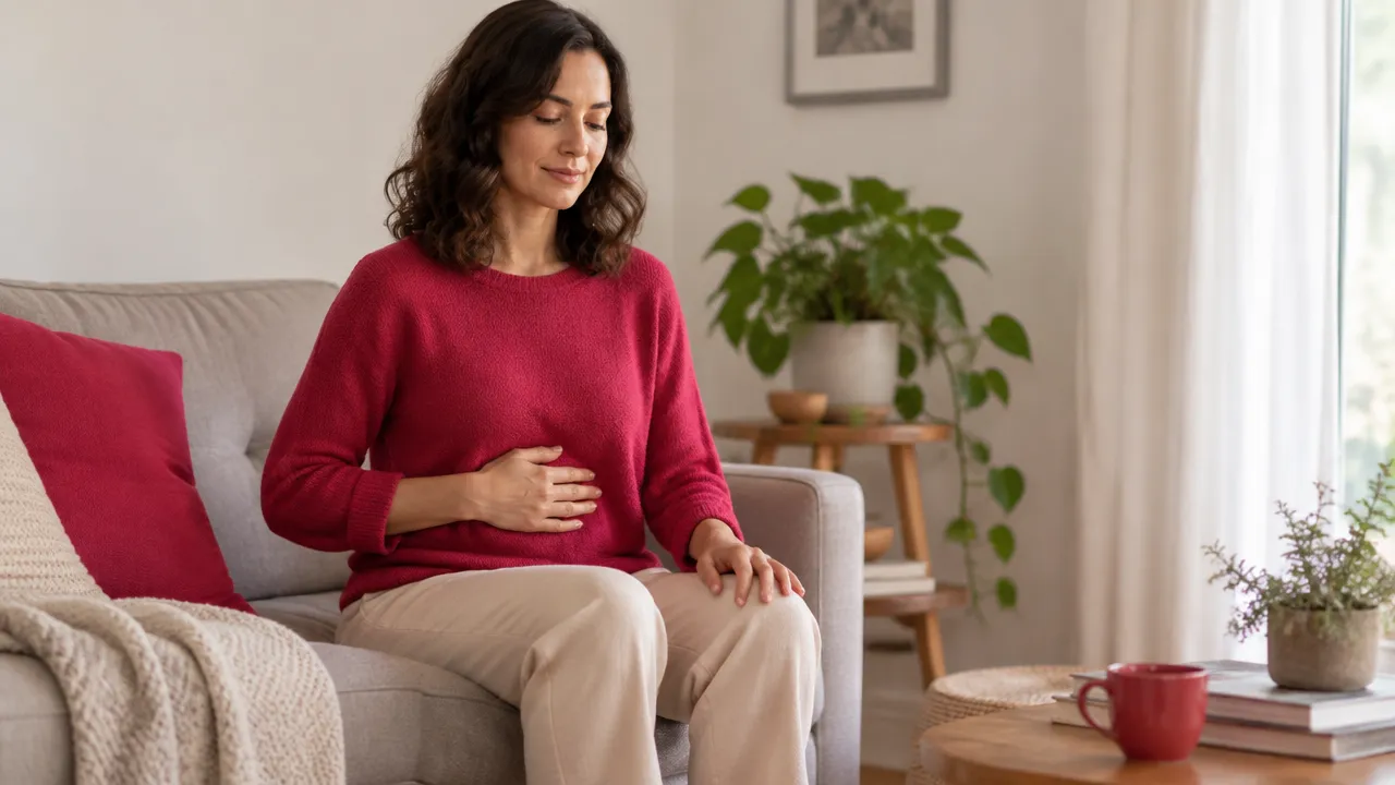 A person seated comfortably at home with a hand on the lower ribs practicing gentle paced breathing