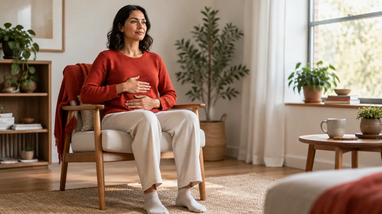 A person seated with feet grounded and hands resting gently on the abdomen during a beginner breathing exercise