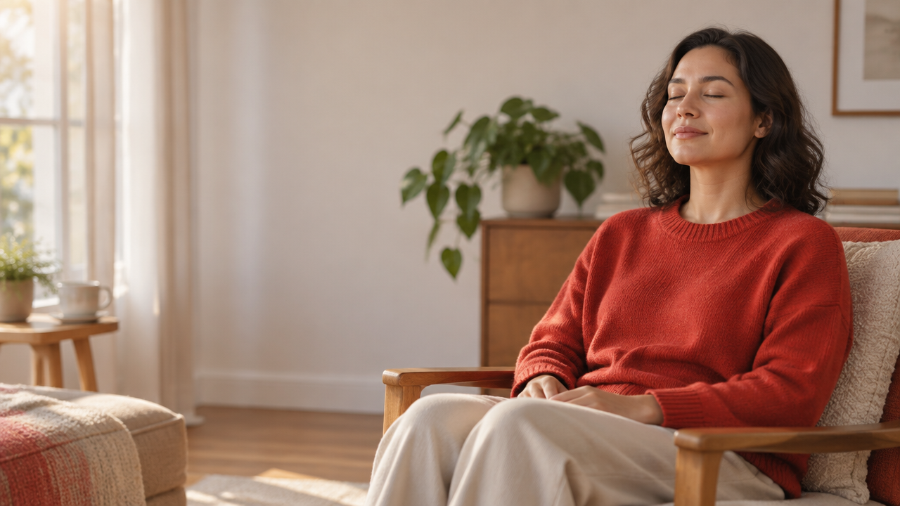 A person sits quietly by a window, practicing loving-kindness meditation in a calm home