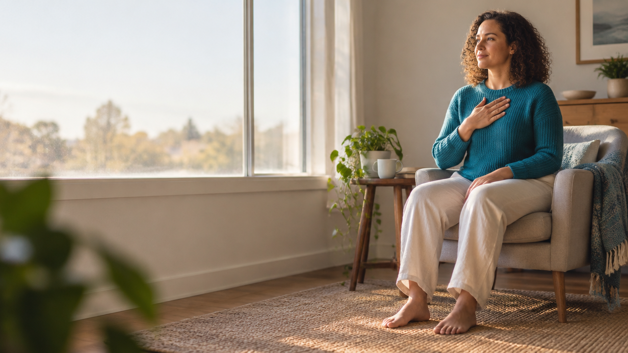 A person sitting by a window with feet on the floor, pausing to connect a daily intention with bodily awareness.