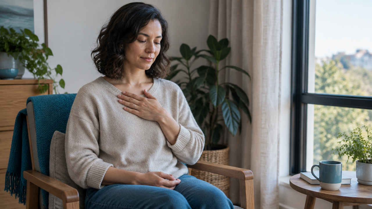 A person sitting comfortably by a window and practicing a brief meditation with a hand resting on the chest