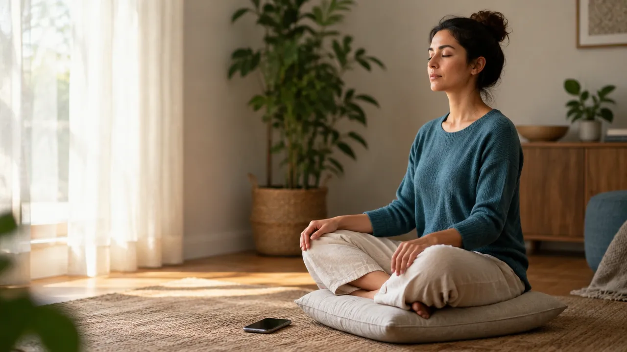 A person sitting quietly beside a phone while beginning a guided meditation at home