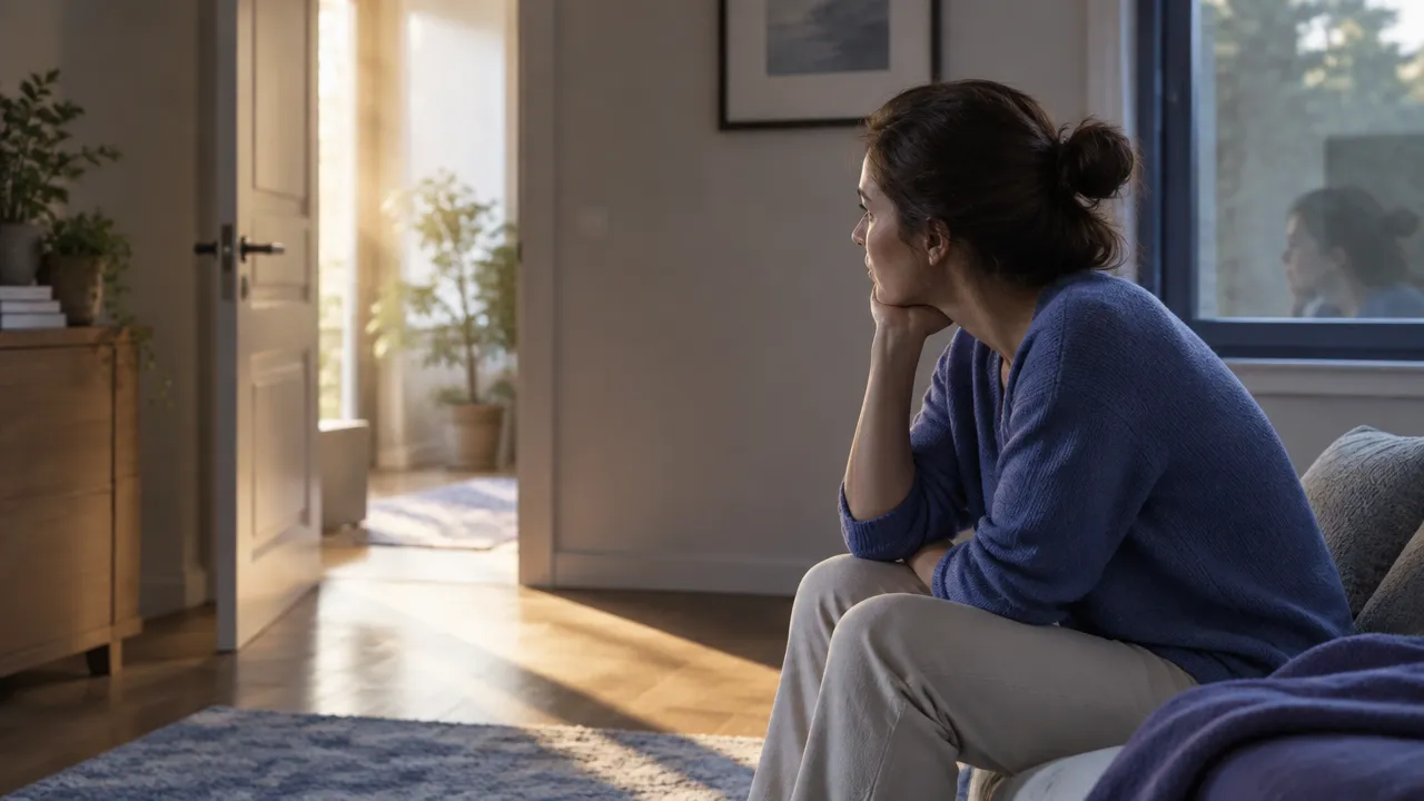 A person sitting quietly beside an open doorway, reflecting on emotions they have been avoiding