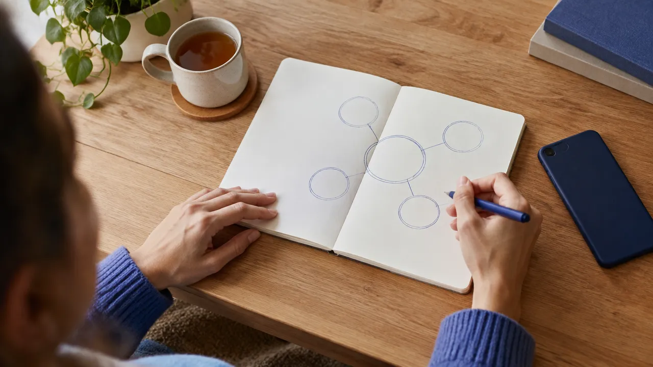 A person sketches connected circles in a notebook as a reflective exercise for seeing identity beyond a single role.
