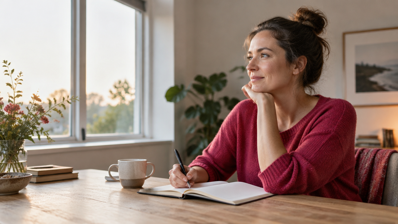 A person spends a quiet morning writing in a notebook to reflect on thoughts and feelings