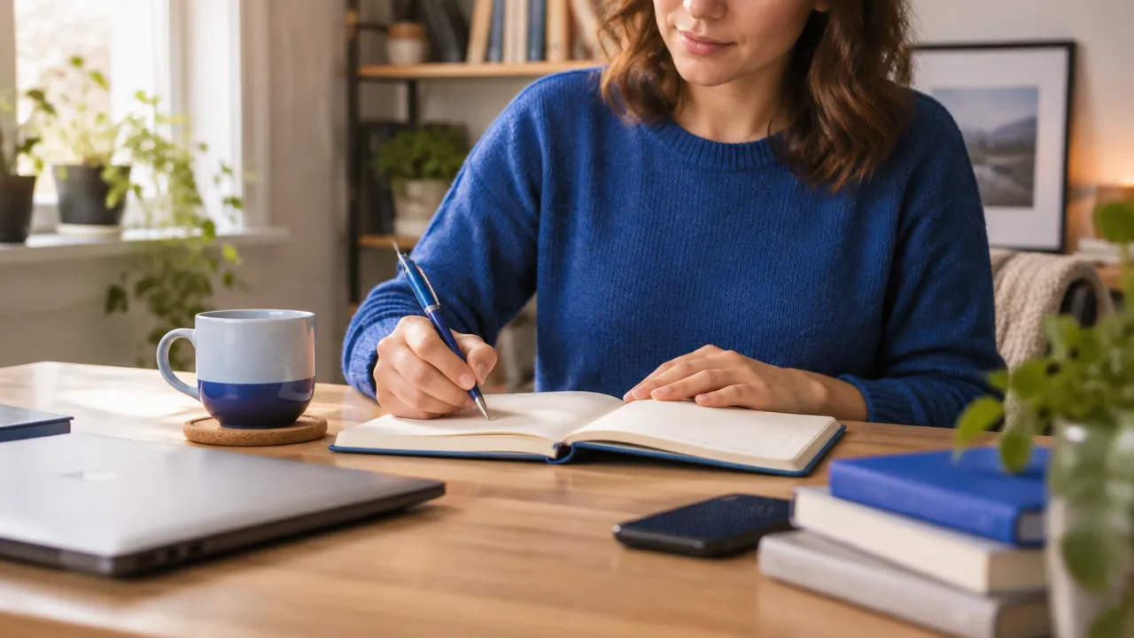 A person starting a focused planning habit at a familiar desk after setting down a mug
