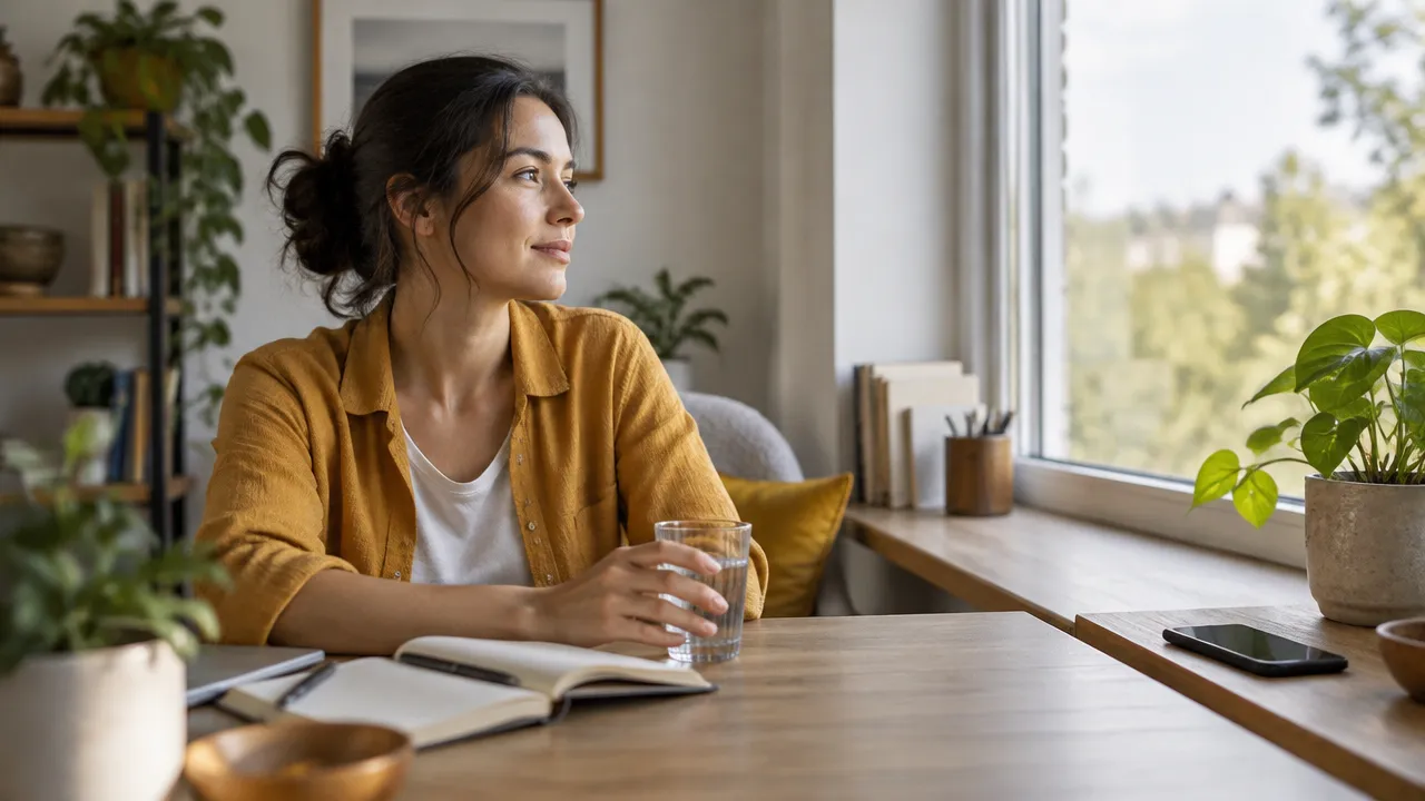 A person takes a grounding pause at a desk, with their phone set aside and attention returning to the room.
