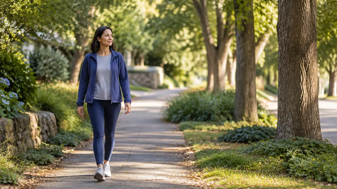 A person takes a mindful walk on a quiet neighborhood path, noticing each step and the surrounding trees.