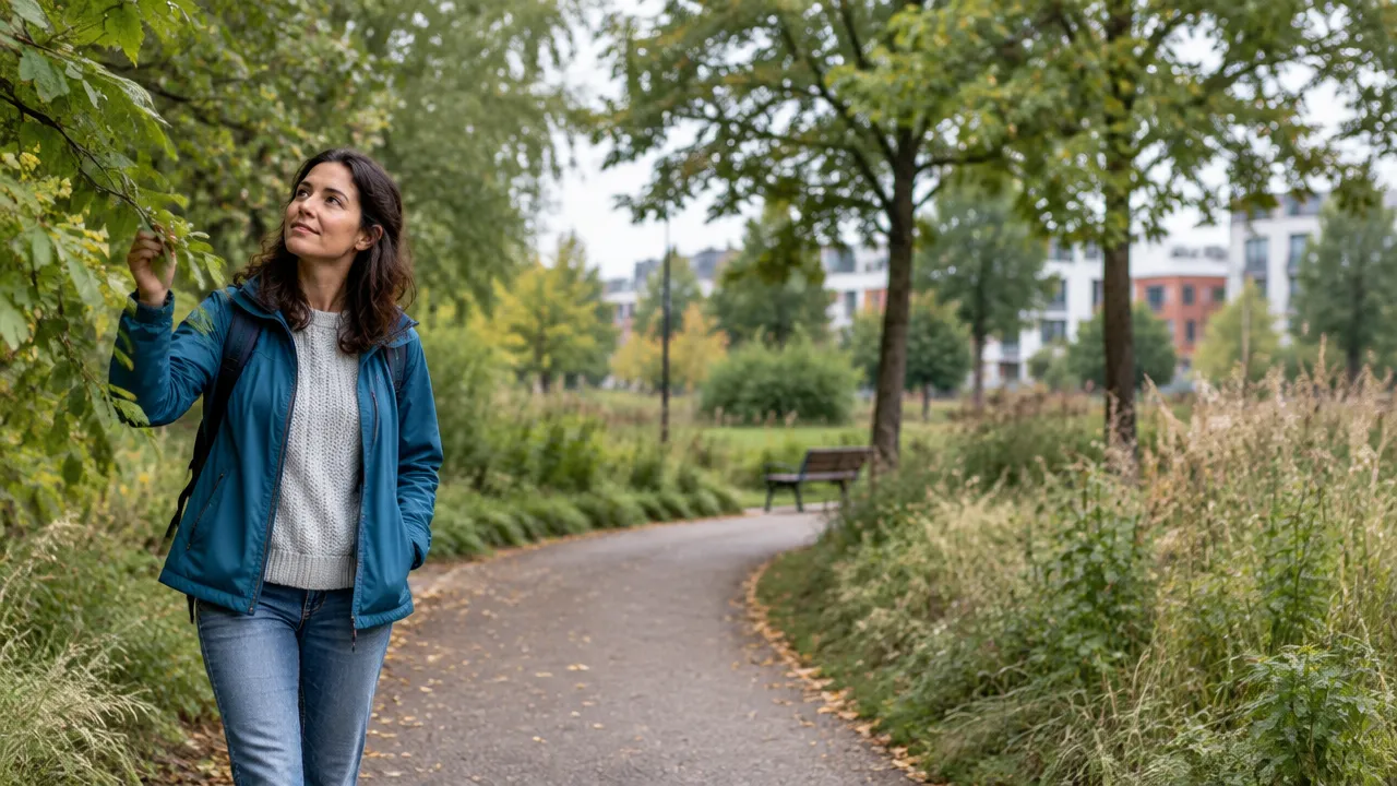 A person takes a mindful walk on an accessible neighborhood park path.