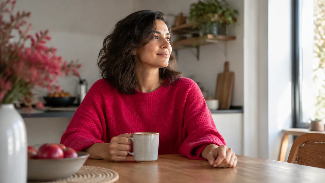 A person taking a brief mindful pause beside a mug at home, noticing the breath during an ordinary day.