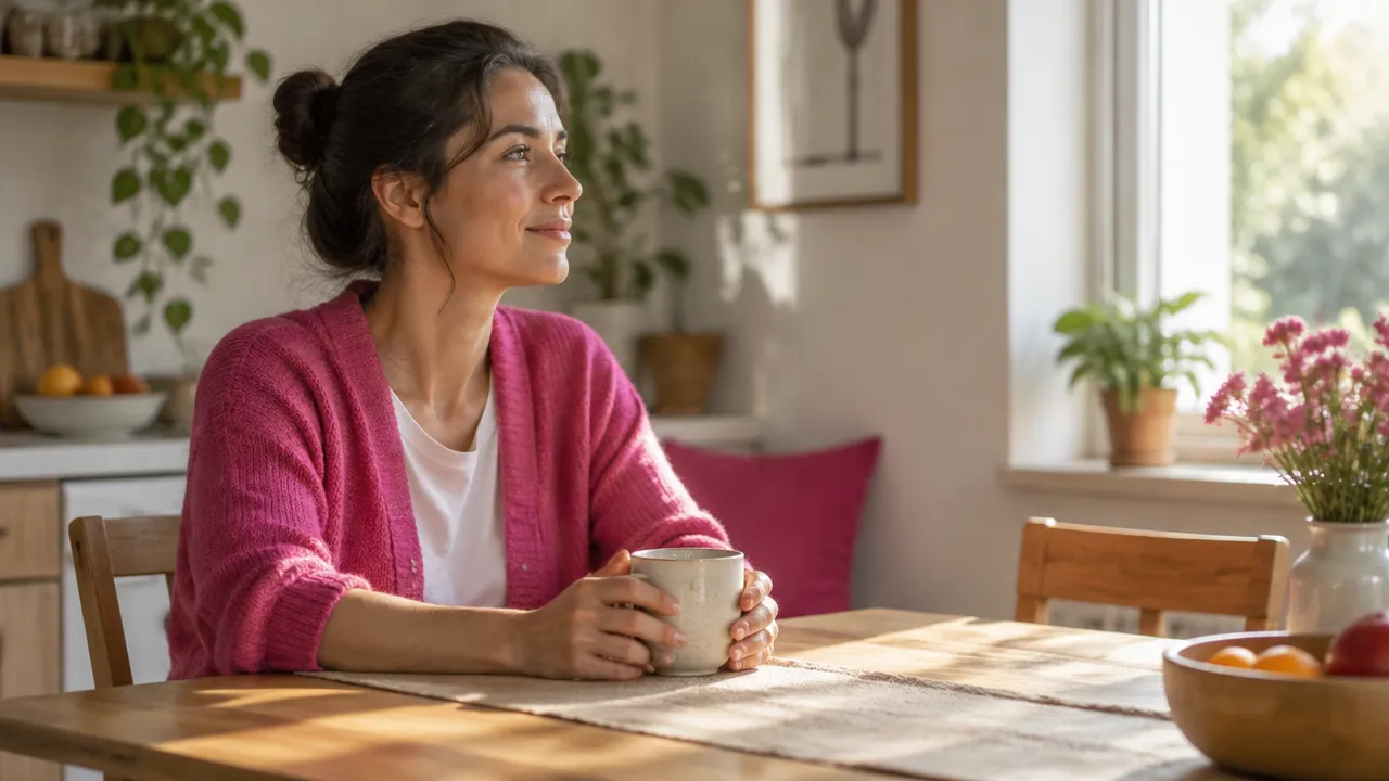 A person taking a quiet mindful pause at the kitchen table before starting the day