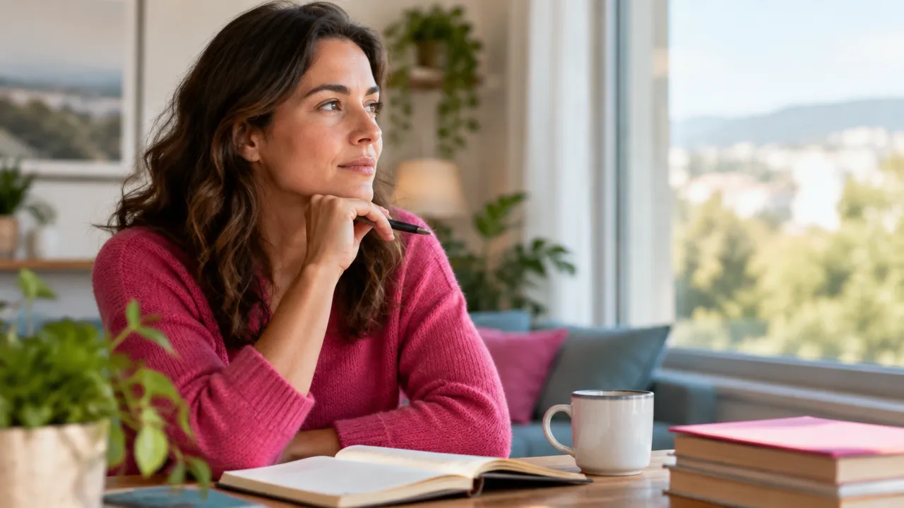 A person pausing beside a journal to reflect on an emotional response