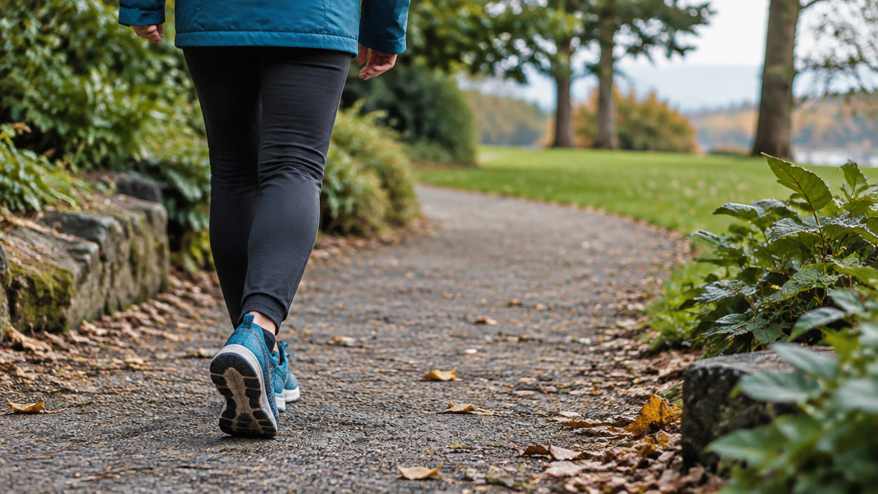 A person taking a slow mindful walk on a park path as a brief body-based reset