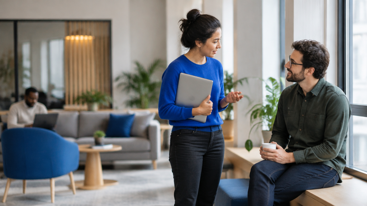 A person testing a feared social prediction by starting a brief conversation with a colleague