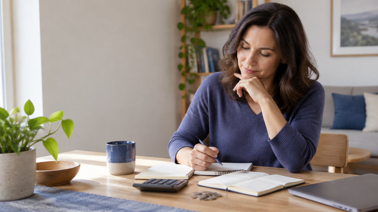 A person thoughtfully comparing personal priorities with a household budget at a sunlit desk