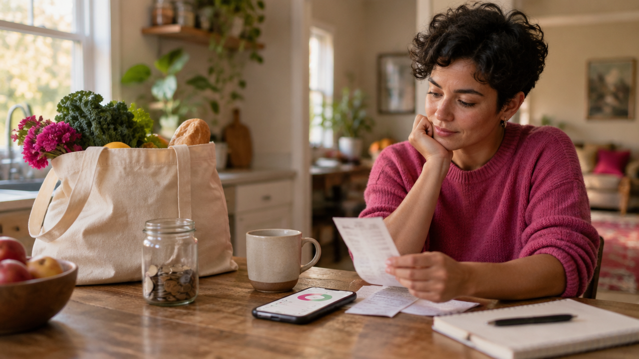 A person thoughtfully reviewing a household budget beside reusable shopping items and a small giving jar