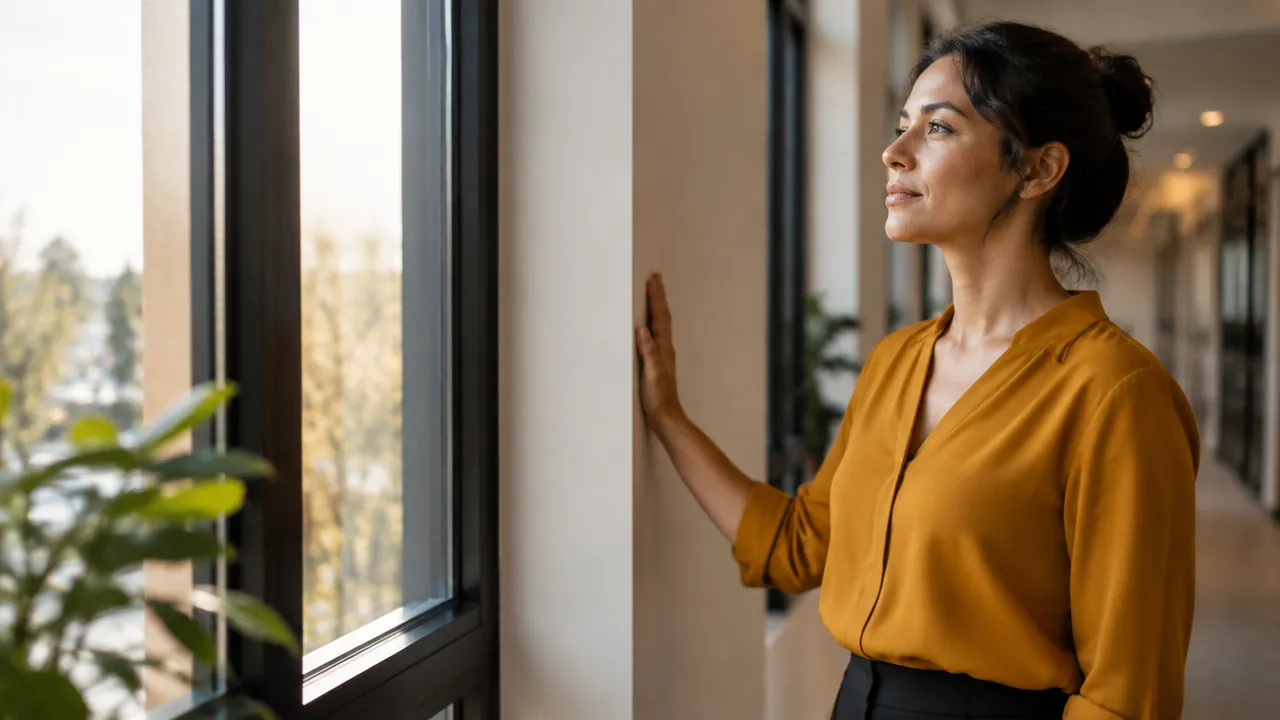 A person uses a brief grounding pause and slow breath before returning to a difficult conversation