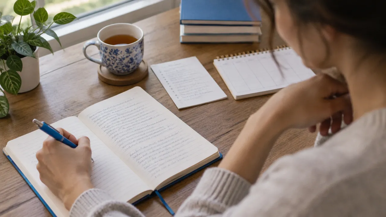 A person uses a journal to reflect on personal values and plan a next step after change