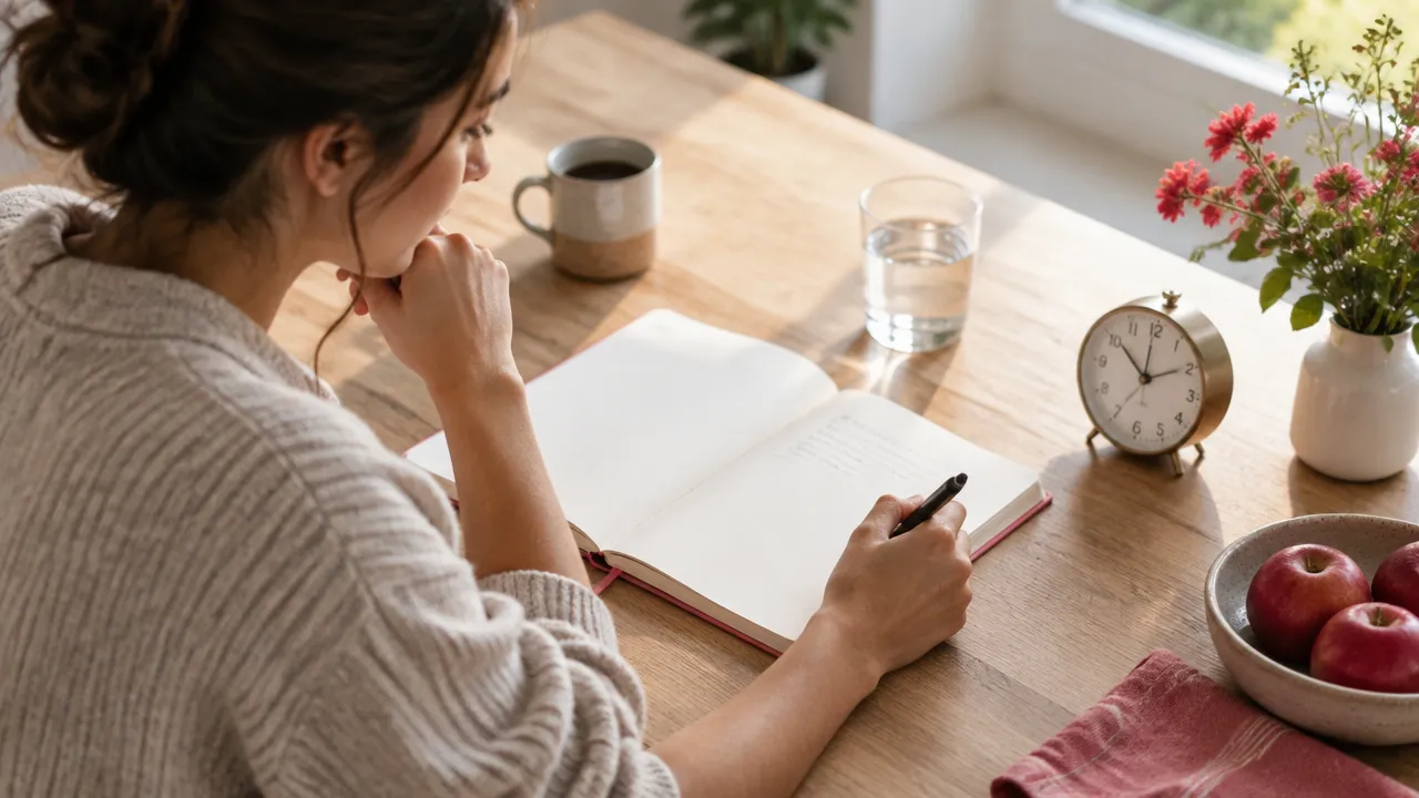 A person uses a notebook and pen for a brief reflective morning practice at home.
