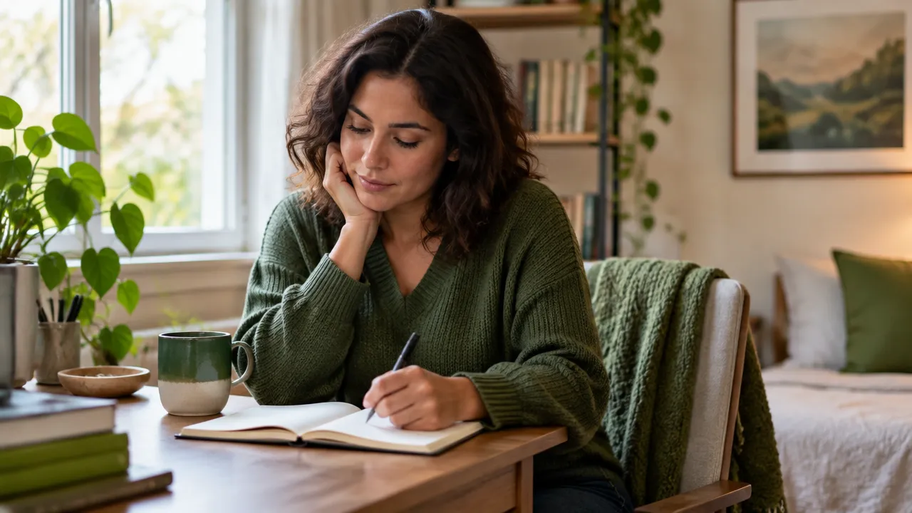 A person uses a notebook for a quiet daily emotional check-in