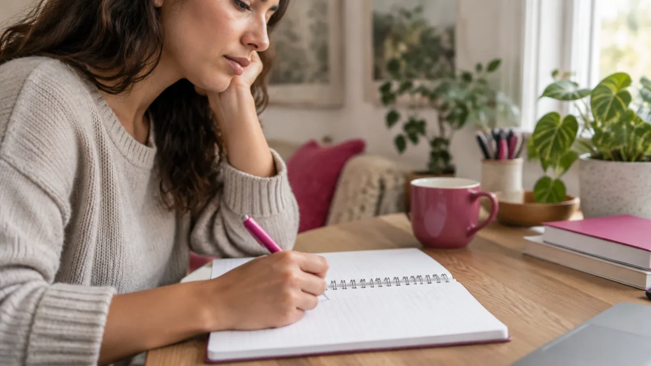A person uses a notebook to reflect on a difficult thought and consider a more balanced perspective.