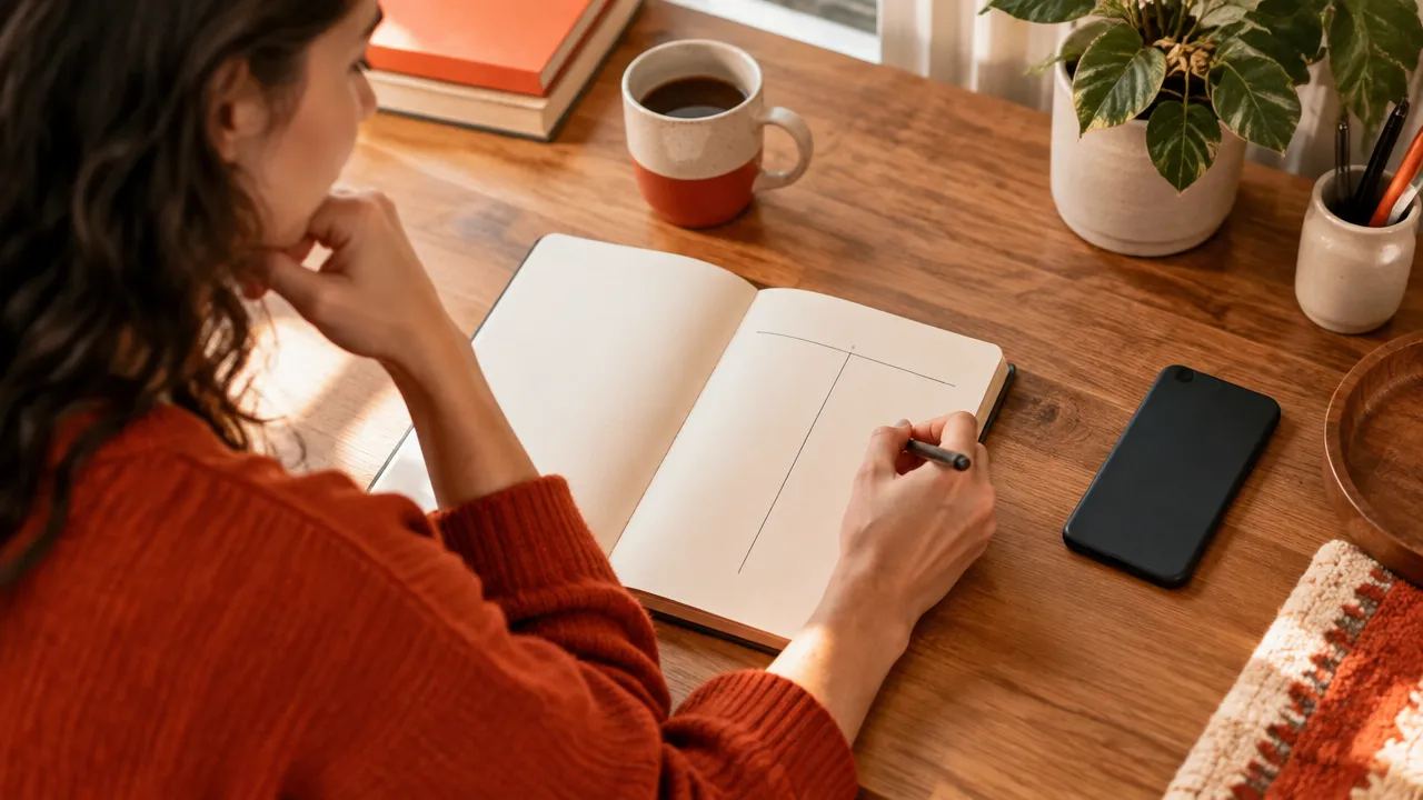 A person uses a notebook to reflect on the immediate relief and longer-term cost of an emotional decision.