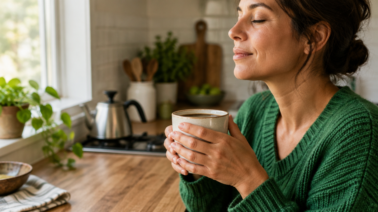 A person pauses for one attentive breath after pouring coffee