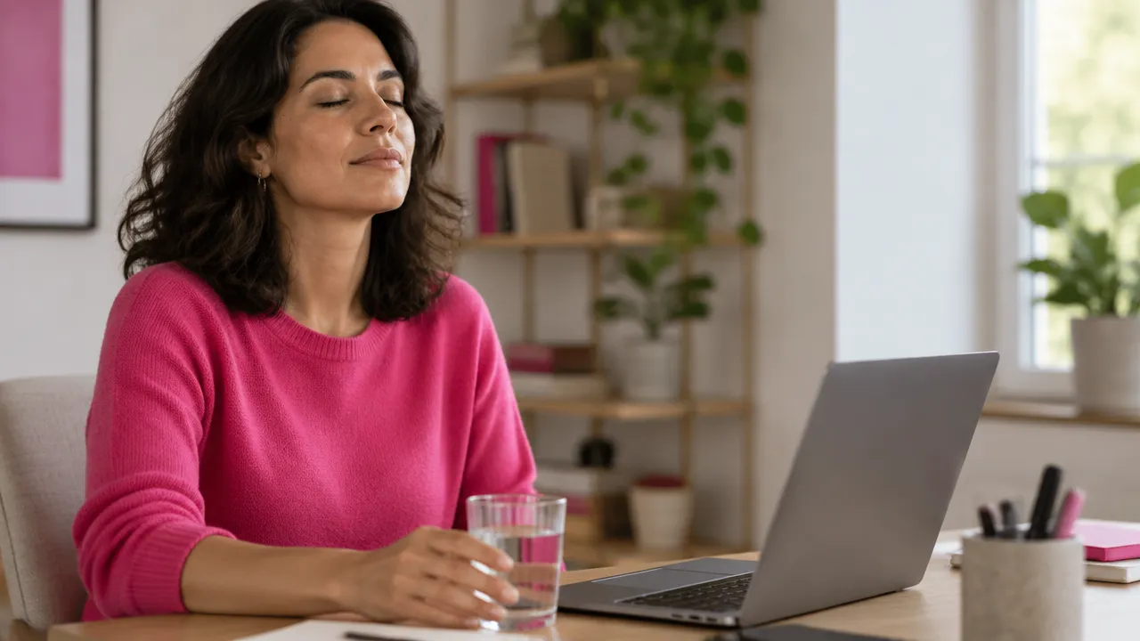 A person using a brief breathing pause at a desk before responding to stress