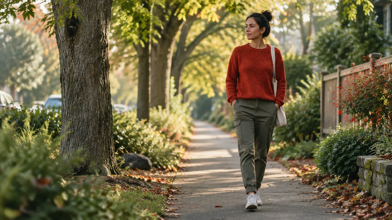 A person walking attentively along a quiet neighborhood path