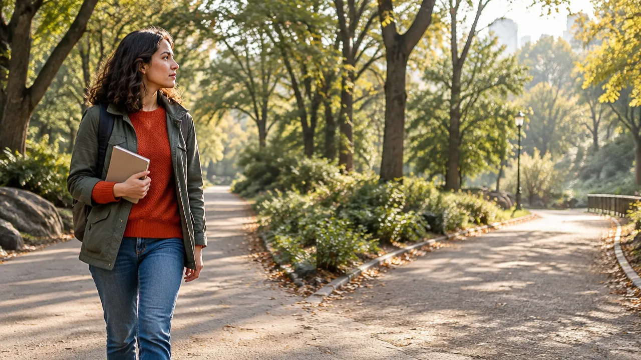 A person walks a park path while considering a small next step before making a larger decision.