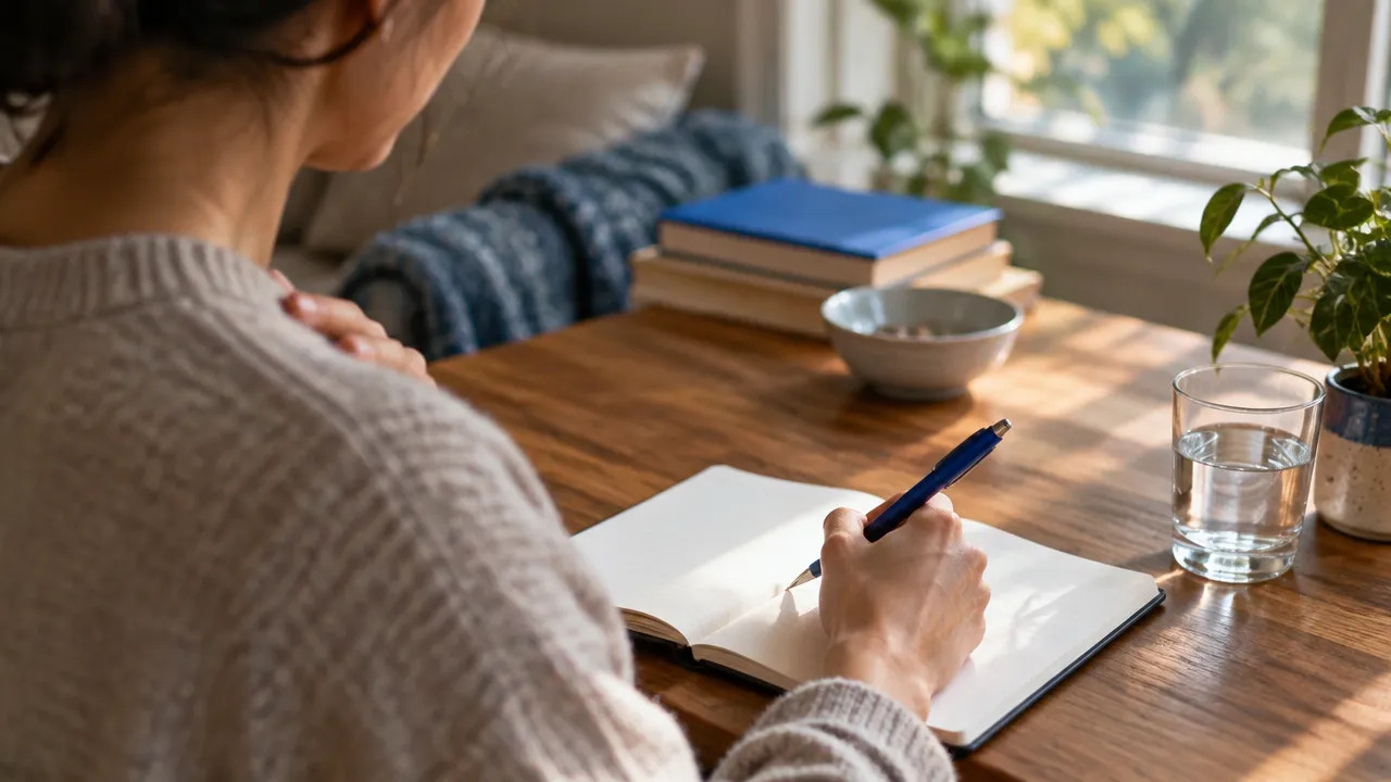A person writes a brief emotion check-in in a notebook while sitting quietly at a table.