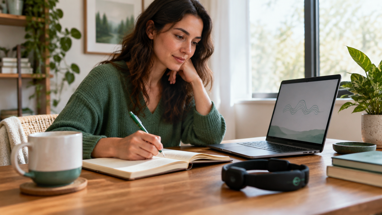 A person writes a brief reflection after reviewing a neurofeedback session