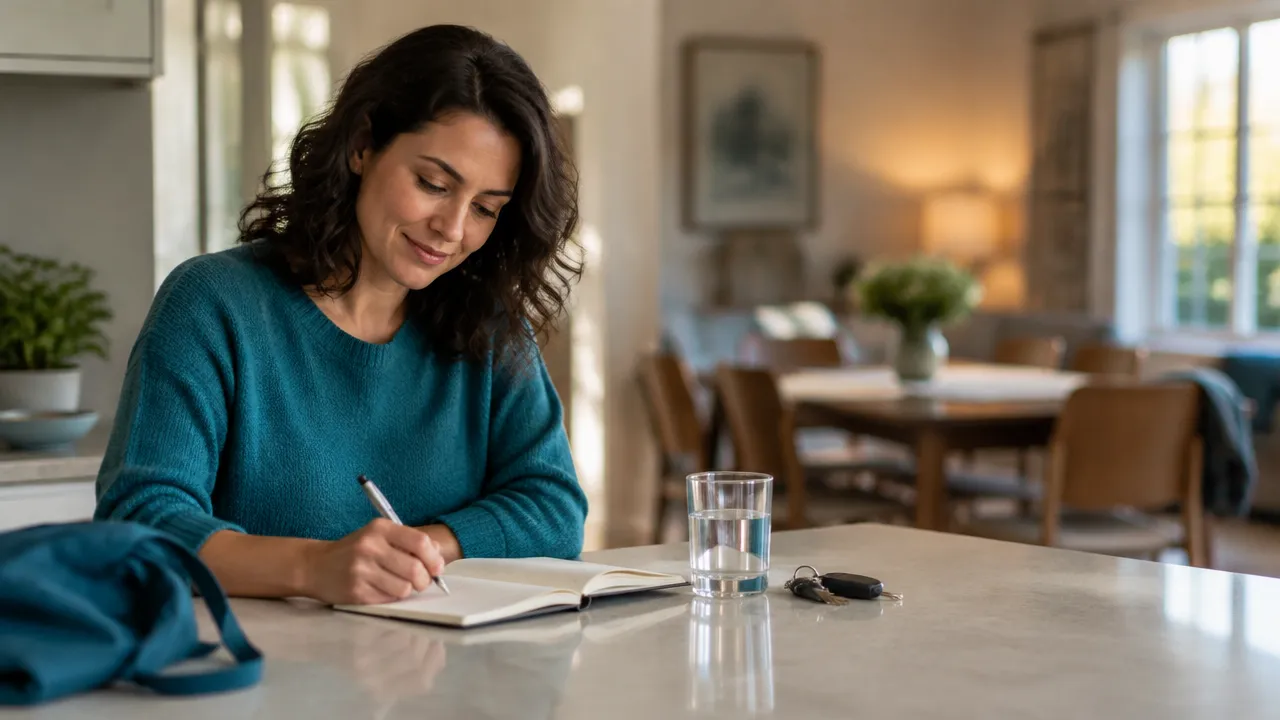 A person writes a simple grounding plan before going to a family dinner