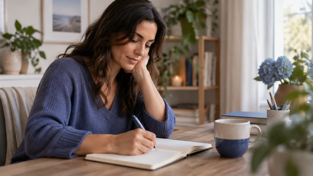 A person writes a supportive note to themselves in a journal after a setback.