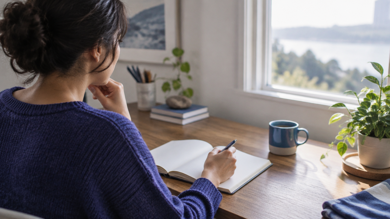 A person writes in a blank journal after conflict, taking time to examine their actions and interpretations.