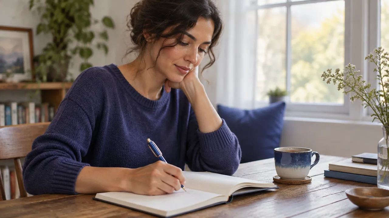 A person writes in a blank notebook while reflecting on values and a meaningful next step.