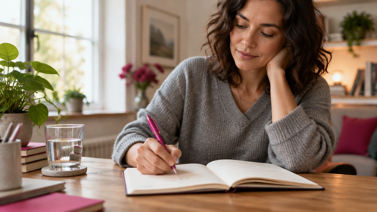 A person writes in a journal to examine a belief and identify one practical next step.