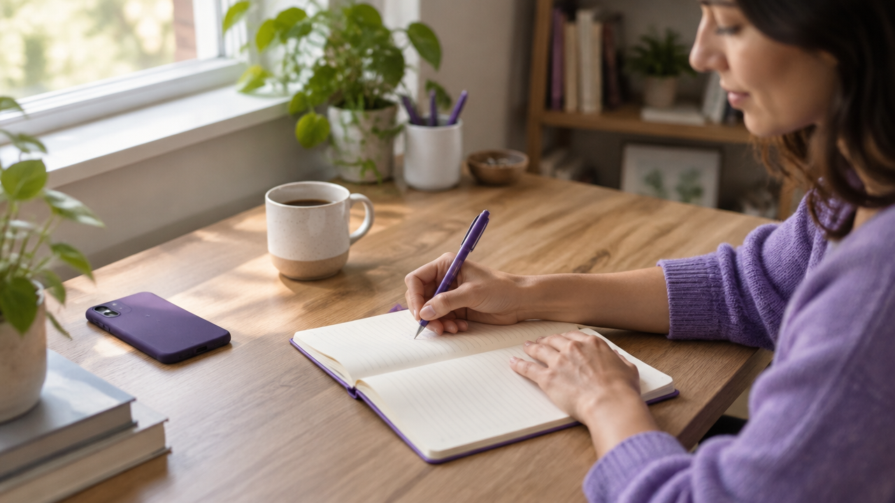 A person writes in a journal with their phone set aside, practicing a deliberate response to comparison.