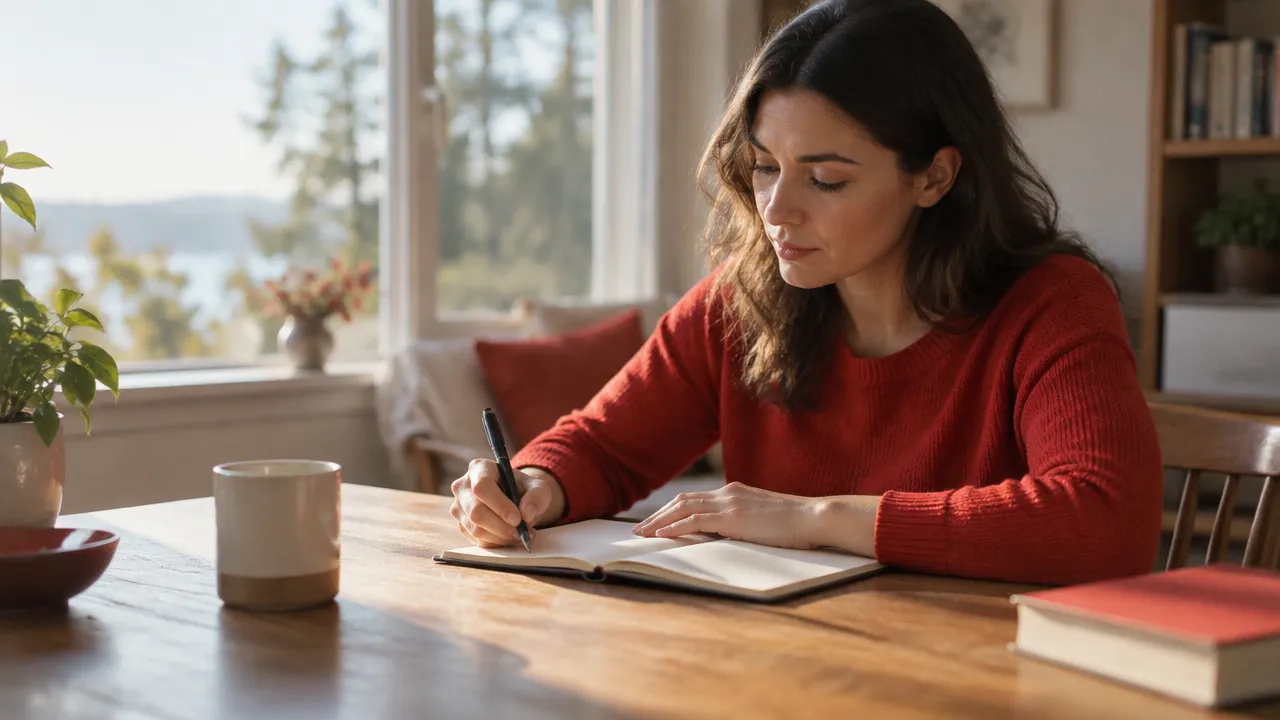 A person writes in a notebook after reflection, connecting spiritual awareness with an everyday decision.