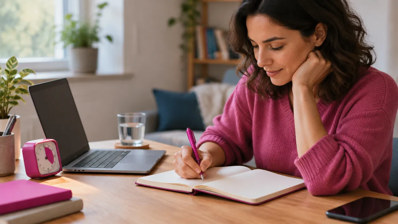 A person writes one small first step in a notebook at a calm, uncluttered desk.
