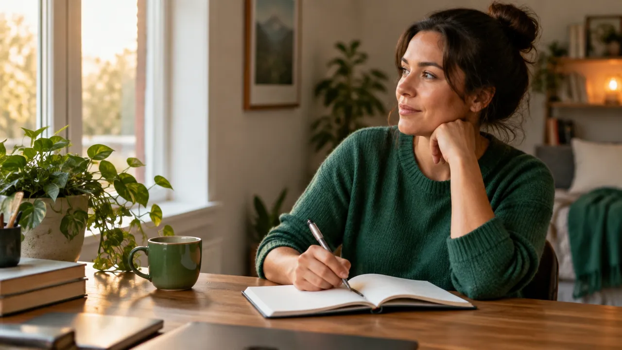 A person writing a brief daily reflection in a journal beside a sunlit window