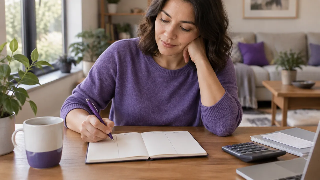 A person writing in a notebook beside a calculator, using a calm four-part reflection to separate money facts from self-judgment.