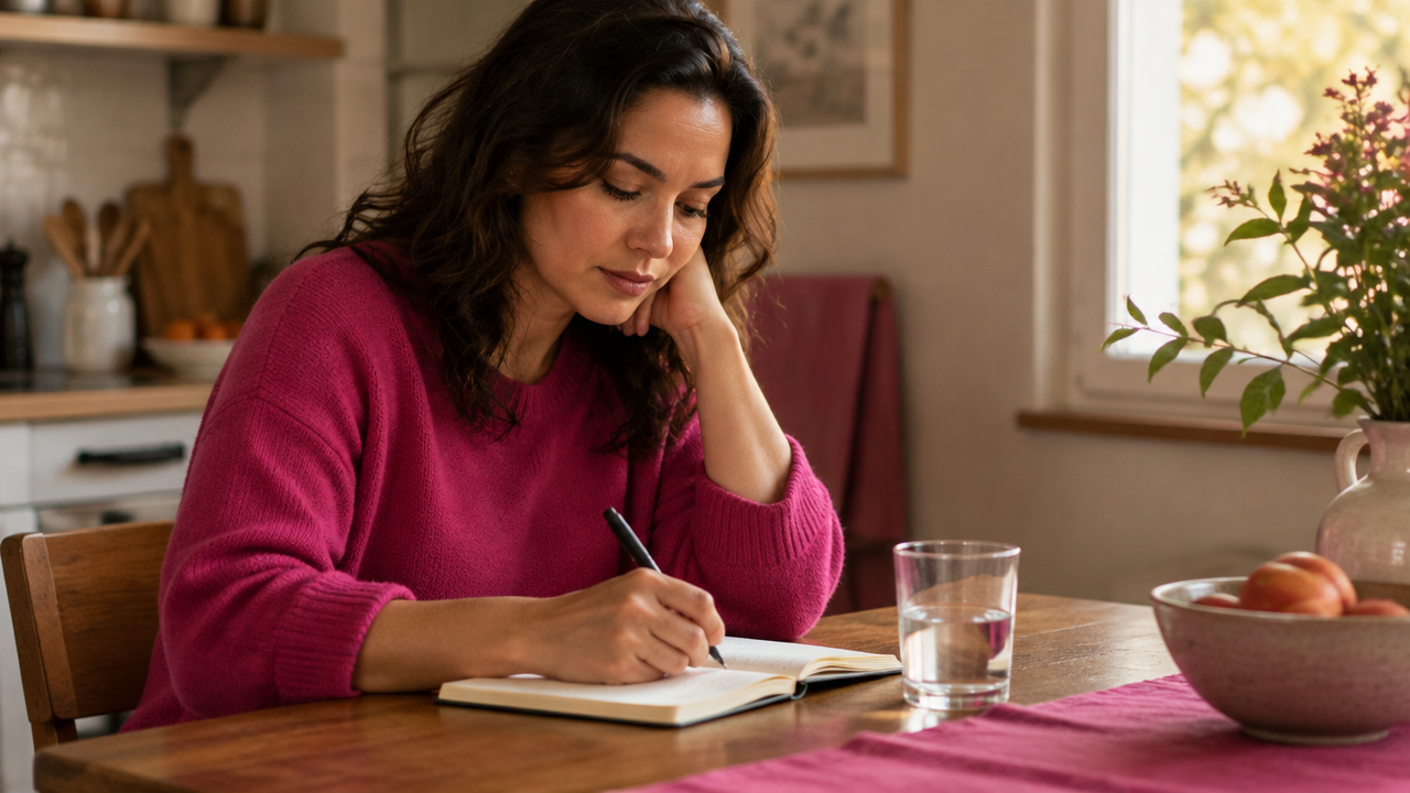 A person writing privately at a table as they reflect on a mistake and consider how to repair it.